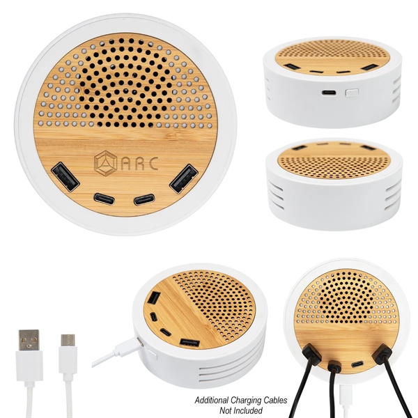 Bamboo wireless speaker with Bluetooth technology and charging ports.... from ASI 61125 Hit Promotional Products / Hit®