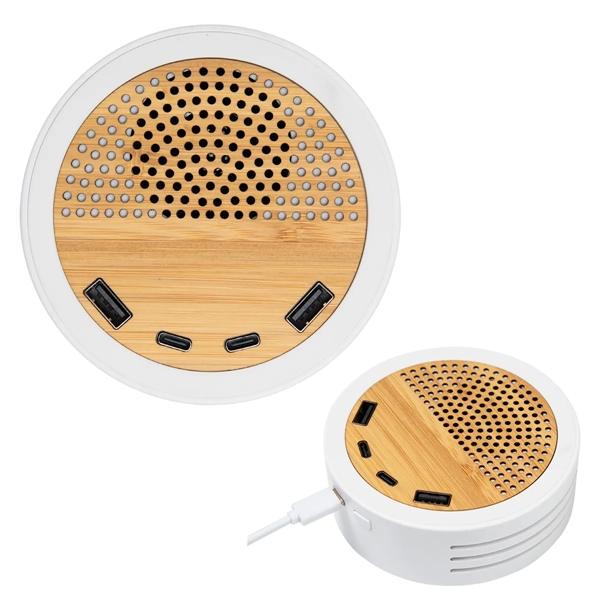 Bamboo wireless speaker with Bluetooth technology and charging ports.... from ASI 61125 Hit Promotional Products / Hit®