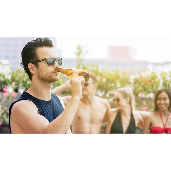 PMS matched bottle opener sunglasses with 1 color imprint on each... from ASI 30250 AZX Sport USA