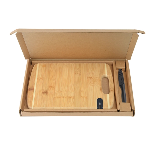 Two-tone bamboo cutting board with stainless steel paring knife gift box... from ASI 52840 Evans Manufacturing