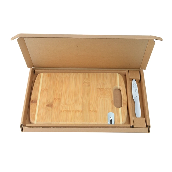 Two-tone bamboo cutting board with stainless steel paring knife gift box... from ASI 52840 Evans Manufacturing
