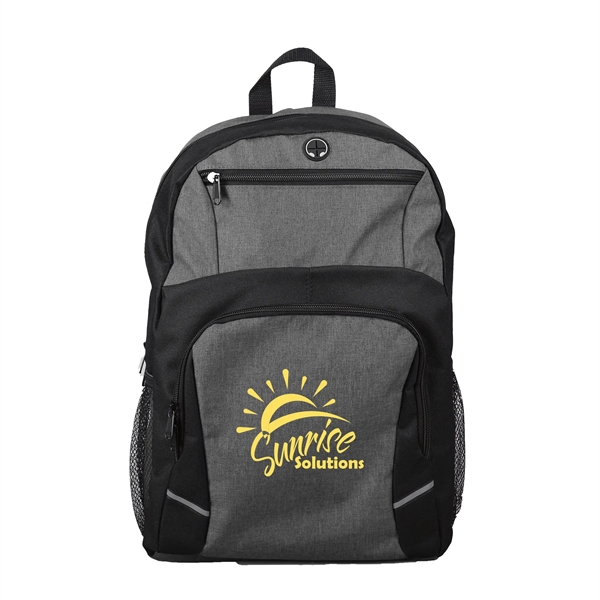 16" laptop backpack main zippered compartment and two mesh side pockets.... from ASI 52840 Evans Manufacturing