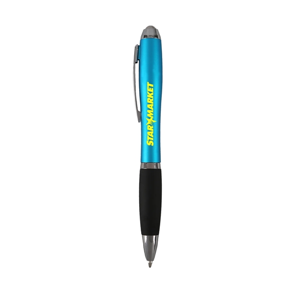 Retractable ballpoint pen with silver stress ball on top.... from ASI 52840 Evans Manufacturing