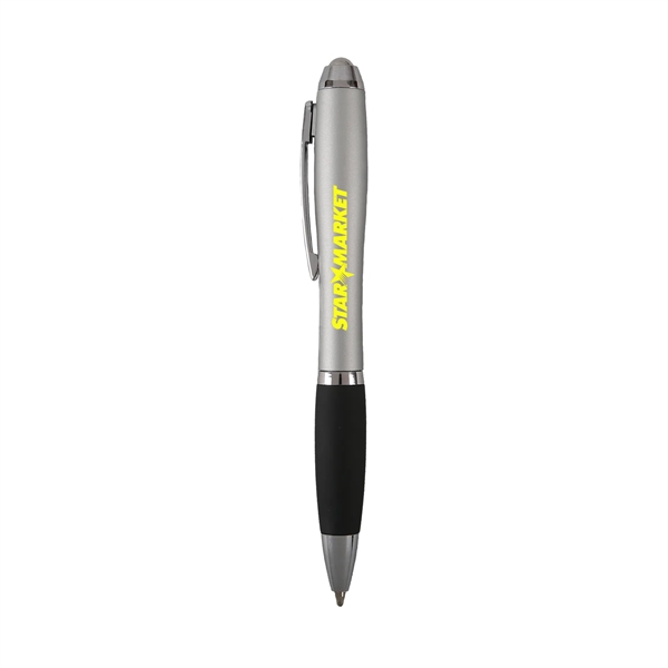 Retractable ballpoint pen with silver stress ball on top.... from ASI 52840 Evans Manufacturing