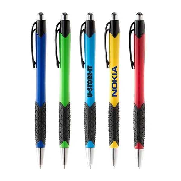 White barrel retractable pen with bold colored textured rubber grips.... from ASI 68850 Markon Pen & Pencil Inc