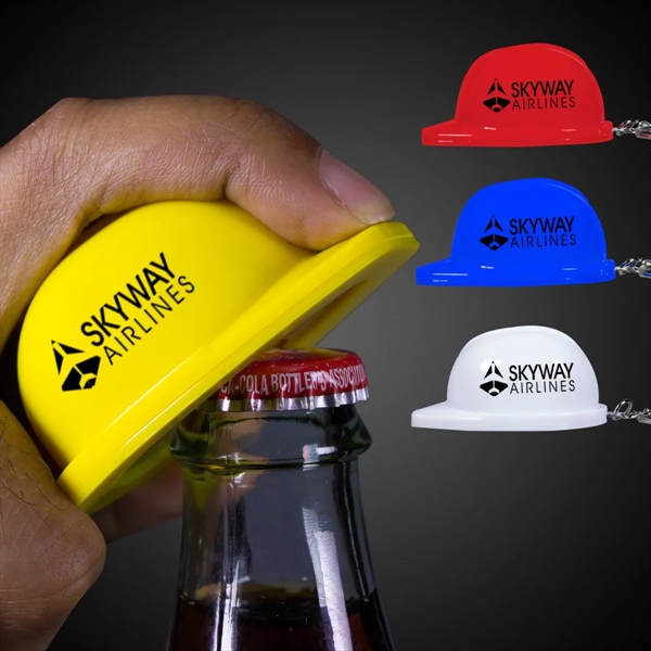 Construction hat-shaped bottle opener keychain, made of plastic.... from ASI 42016 Brighter Promotions Inc
