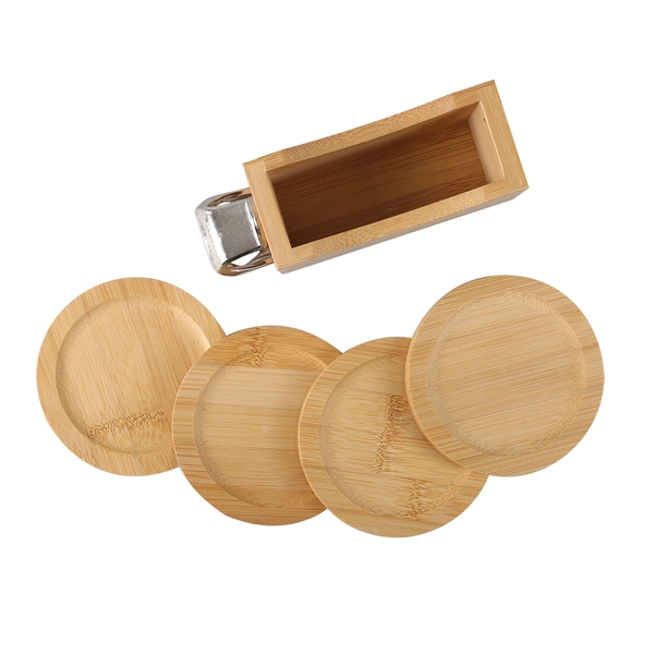 Bamboo coaster set comes with bamboo caddy, 4 round bamboo coasters... from ASI 52840 Evans Manufacturing