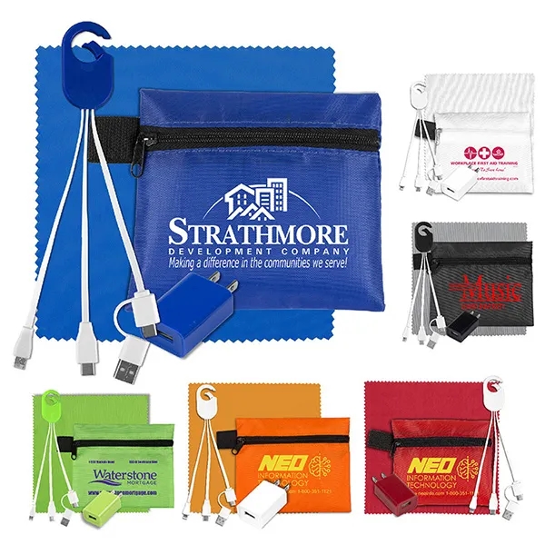 Travel kit with a microfiber cleaning cloth, USB wall charger and... from ASI 62660 Innovation Line