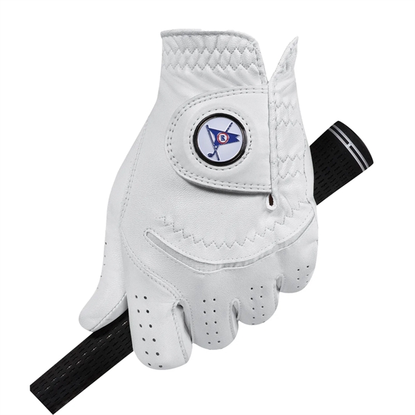 Golf glove with a leather palm, mesh insert, and ball marker.... from ASI 57653 Gold Bond