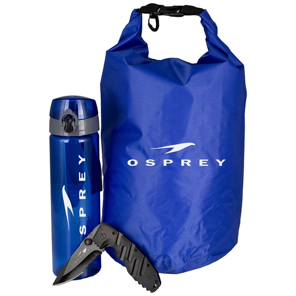 Hiker kit with a waterproof bag, 25-ounce bottle, and knife.... from ASI 57653 Gold Bond