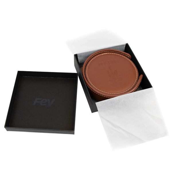 Four 3.87" Diameter round coasters that are made of leather with... from ASI 54040 Fey Promo / Mi Line by Fey