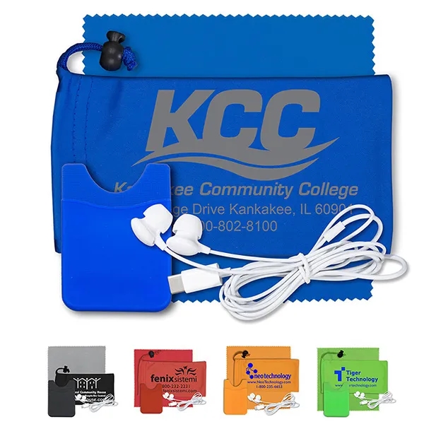 Tech kit with a microfiber cleaning cloth, silicone cell phone wallet... from ASI 62660 Innovation Line