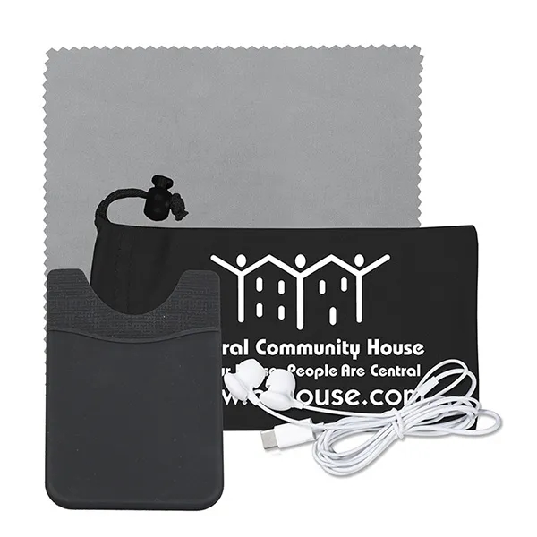Tech kit with a microfiber cleaning cloth, silicone cell phone wallet... from ASI 62660 Innovation Line