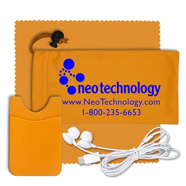 Tech kit with a microfiber cleaning cloth, silicone cell phone wallet... from ASI 62660 Innovation Line