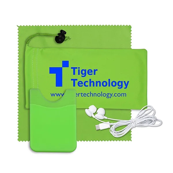 Tech kit with a microfiber cleaning cloth, silicone cell phone wallet... from ASI 62660 Innovation Line