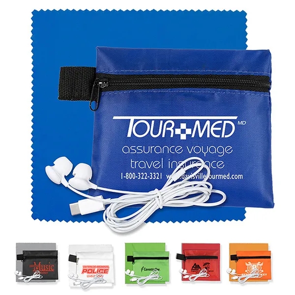 Tech accessory kit with microfiber cleaning cloth, earbuds and carry pouch.... from ASI 62660 Innovation Line