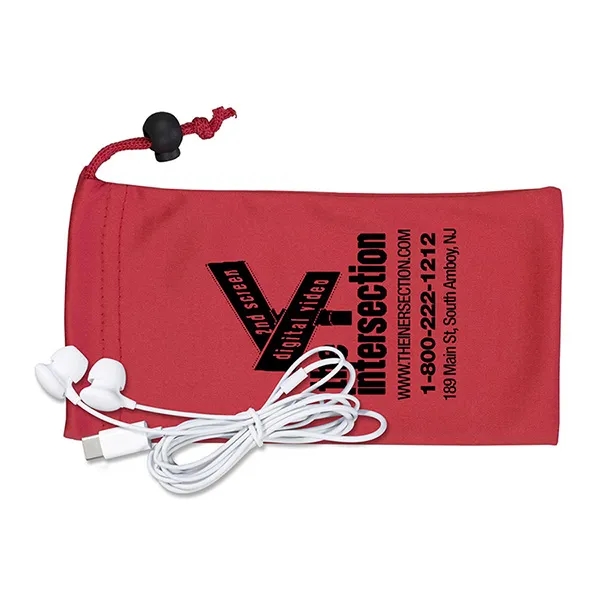 White plastic earbuds in 3 1/2" x 7" polyester cinched pouch.... from ASI 62660 Innovation Line