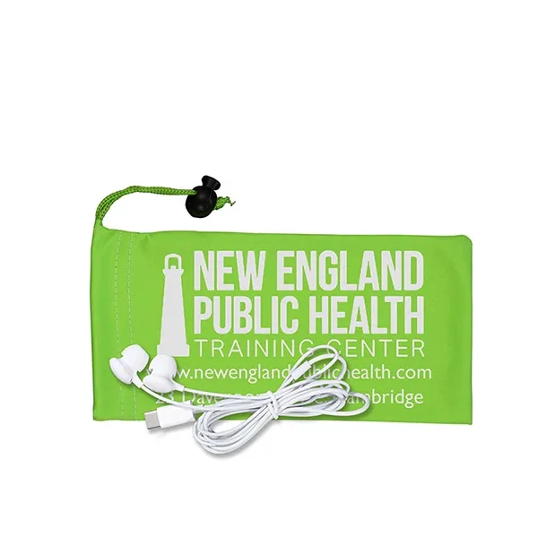 White plastic earbuds in 3 1/2" x 7" polyester cinched pouch.... from ASI 62660 Innovation Line