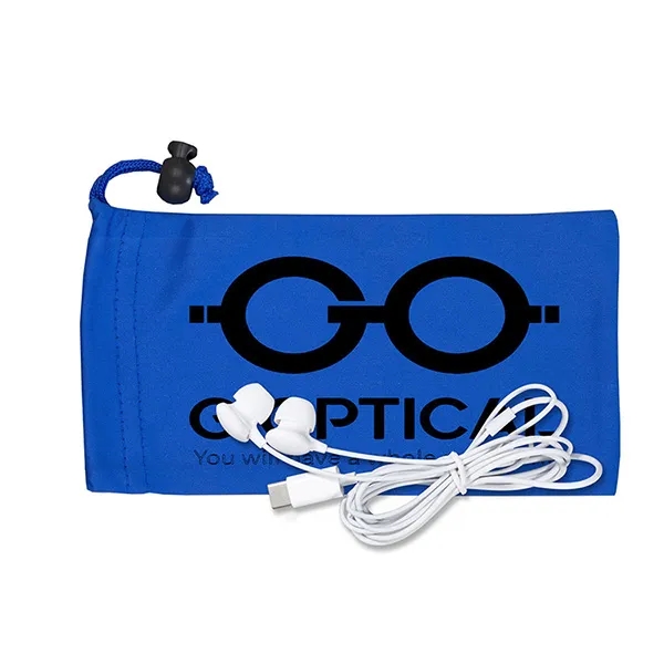 White plastic earbuds in 3 1/2" x 7" polyester cinched pouch.... from ASI 62660 Innovation Line