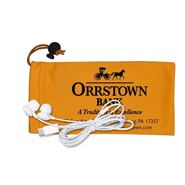 White plastic earbuds in 3 1/2" x 7" polyester cinched pouch.... from ASI 62660 Innovation Line