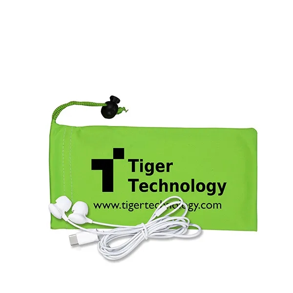 White plastic earbuds in 3 1/2" x 7" polyester cinched pouch.... from ASI 62660 Innovation Line