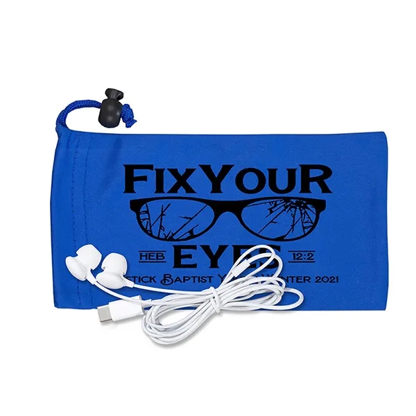 White plastic earbuds in 3 1/2" x 7" polyester cinched pouch.... from ASI 62660 Innovation Line