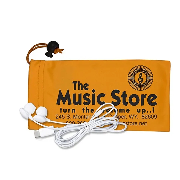 White plastic earbuds in 3 1/2" x 7" polyester cinched pouch.... from ASI 62660 Innovation Line