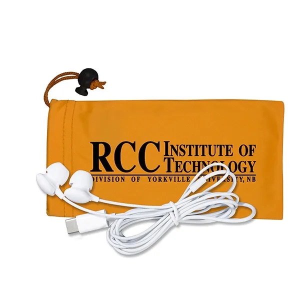 White plastic earbuds in 3 1/2" x 7" polyester cinched pouch.... from ASI 62660 Innovation Line