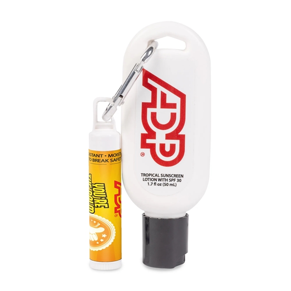 SPF30 Sunscreen in 50ml bottle with Carabiner and SPF15 Lip balm.... from ASI 44900 NC Custom (CI/Lanco) / Lanco