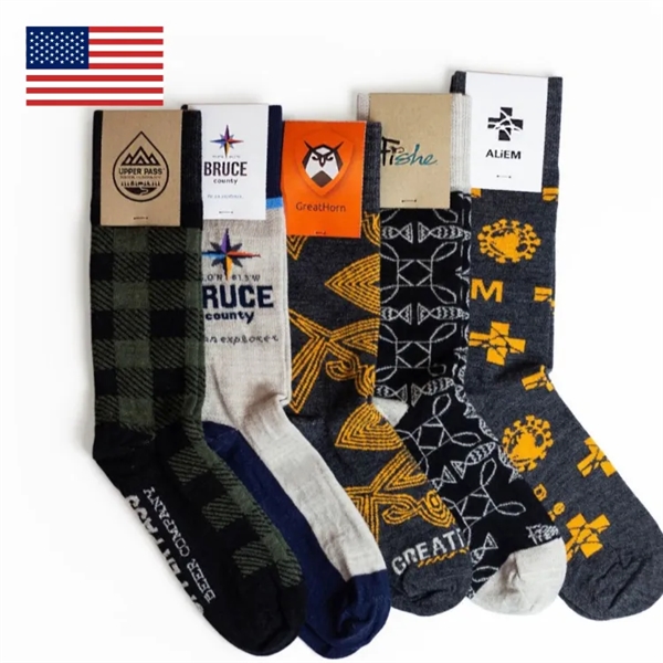7 day turnaround. Made in USA. Fully knit/woven designs. Custom packaging... from ASI 88072 Sock Club Enterprises LLC