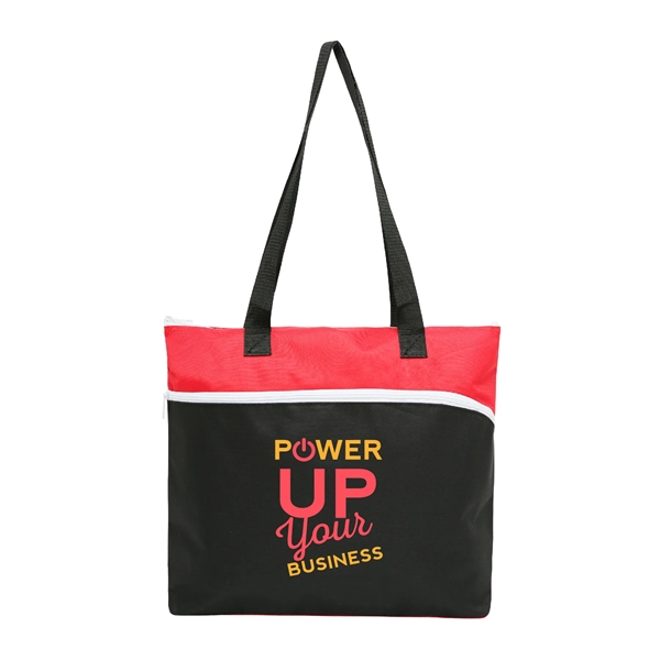 Two-tone polyester tote bag with large front zipper pocket, pen loop... from ASI 39820 Opusline (Benmex) / Opus Line