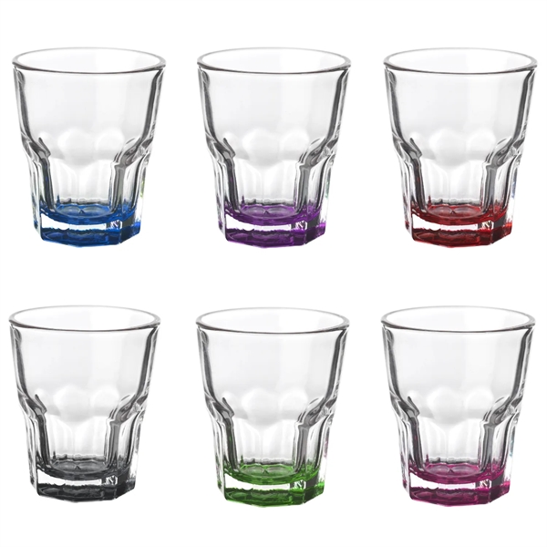 Hexagon base clear shot glass, 1.5 oz. plus 1 color silkscreen... from ASI 37218 Athena Promo (tm)