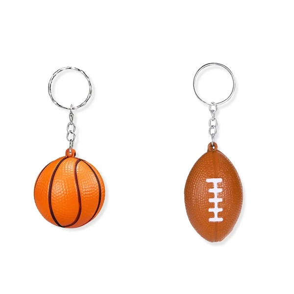 Basketball and rugbyball shaped stress reliever keychain plus heat transfer printing... from ASI 37218 Athena Promo (tm)