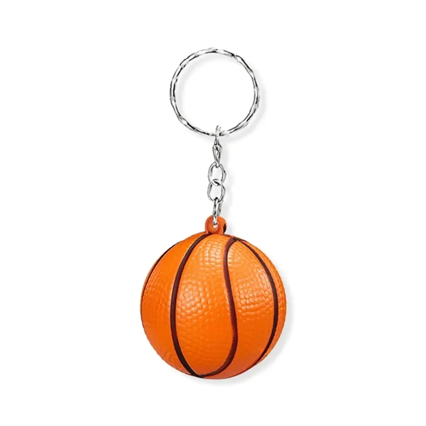 Basketball and rugbyball shaped stress reliever keychain plus heat transfer printing... from ASI 37218 Athena Promo (tm)