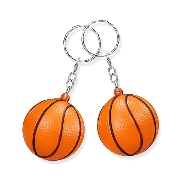 Basketball and rugbyball shaped stress reliever keychain plus heat transfer printing... from ASI 37218 Athena Promo (tm)