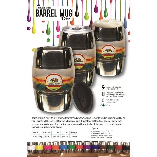 12 oz. double-wall insulated, barrel-shaped mug with travel sipper lid and... from ASI 63073 Openers.Beer / Openers Plus Barrel Mug