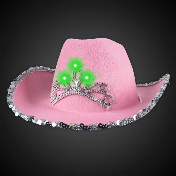 Pink cowboy hat with attached flashing LED tiara accents and silver... from ASI 42016 Brighter Promotions Inc