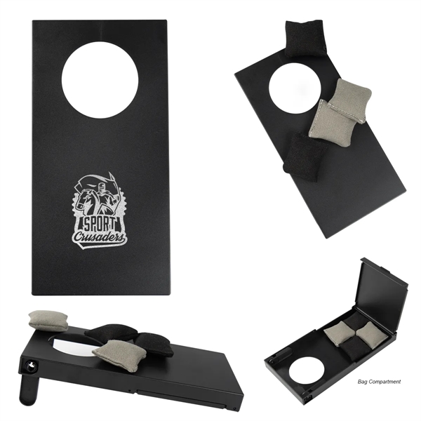 Mini cornhole game with a game board, folding stand, 2 black... from ASI 61125 Hit Promotional Products / Hit®