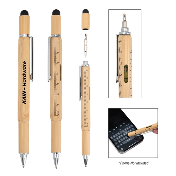 Bamboo ballpoint pen with twist-action design, stylus, screwdriver bits, level and... from ASI 61125 Hit Promotional Products / Hit®