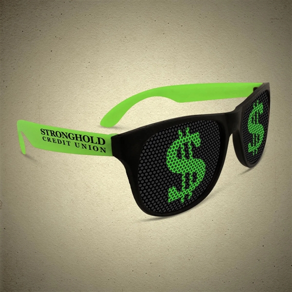 Plastic novelty sunglasses featuring a green dollar sign on both lenses.... from ASI 42016 Brighter Promotions Inc