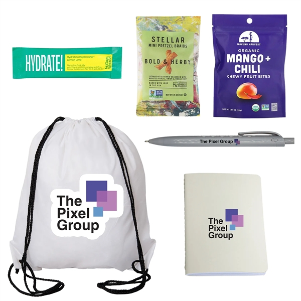 Kit containing snacks and a customizable notebook and pen, all packaged... from ASI 61966 HPG / Batch & Bodega