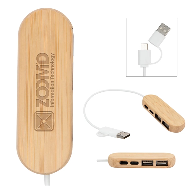 Bamboo wood dual input USB hub for charging and data transfers.... from ASI 61125 Hit Promotional Products / Hit®