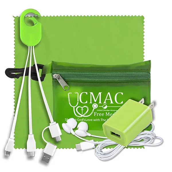 Tech kit with a zippered pouch, earphones, microfiber cleaning cloth, USB... from ASI 62660 Innovation Line