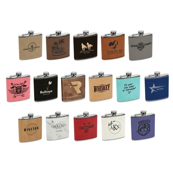 4.25" x 3.75" x 1" metal and leatherette drinking flask with... from ASI 92531 Unique Custom Products / UCP