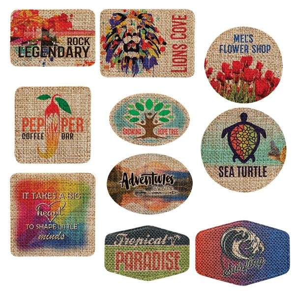 Color printed iron-on burlap patches.... from ASI 92531 Unique Custom Products / UCP