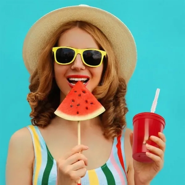 Plastic stadium splash cups with lid and straw, 16 oz. plus... from ASI 37218 Athena Promo (tm)