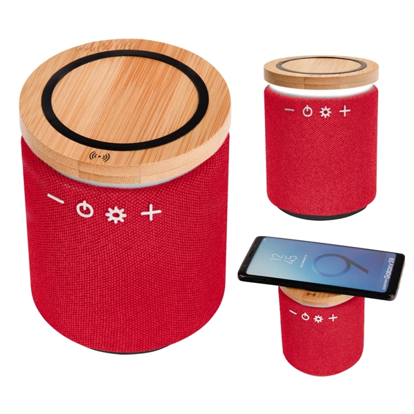 Cylindrical ultra sound wireless speaker and Qi-enabled charger with 1800mAh battery.... from ASI 61125 Hit Promotional Products / Hit®