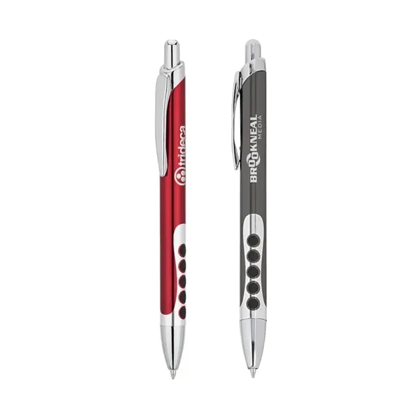 Aluminum ballpoint pen with plunger action mechanism, rubber circle designed grip... from ASI 67866 Logomark/Valumark / Valumark™