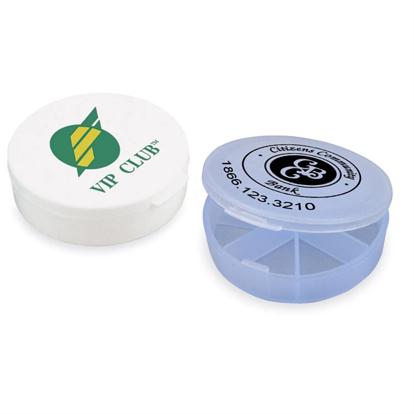 Seven-compartment round pill box allows for curved copy imprinting.... from ASI 38980 Bay State Specialty Co