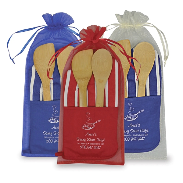 Super kitchen tools combo set includes striped oven mitt, bamboo spatula... from ASI 38980 Bay State Specialty Co